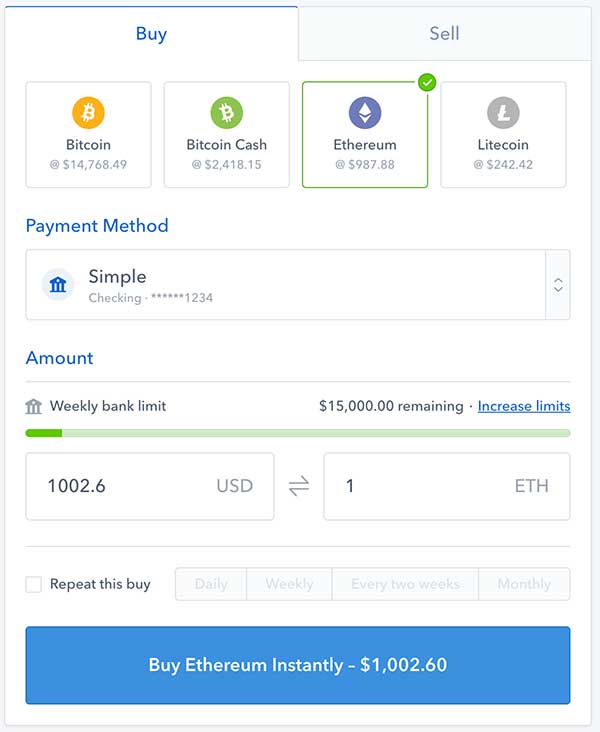 Buying interface on Coinbase